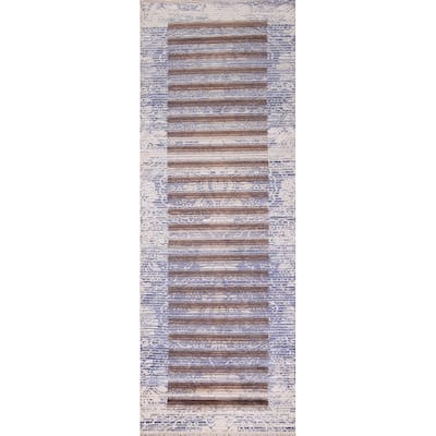 Striped Abstract Oriental Runner Rug Handmade Wool Carpet - 2'7"x 9'10"
