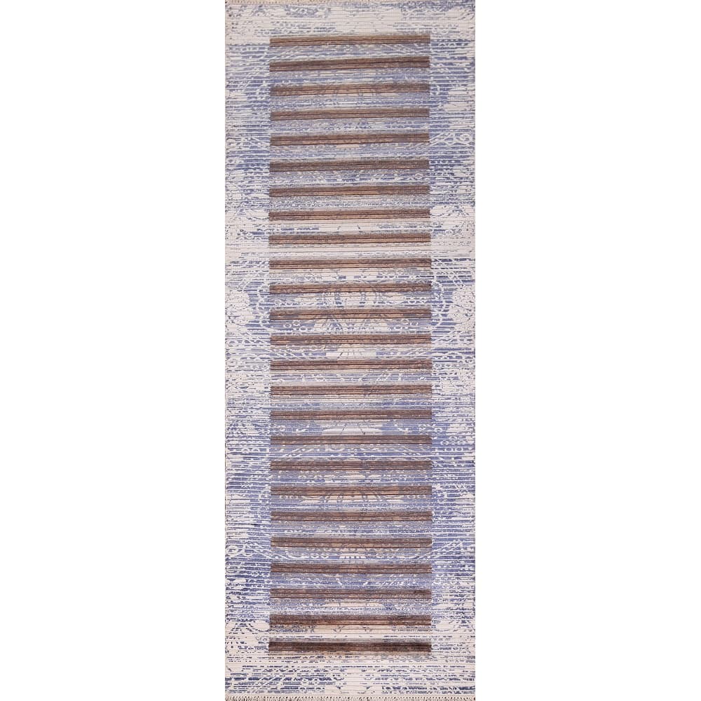 Striped Abstract Oriental Runner Rug Handmade Wool Carpet - 2'7"x 9'10"