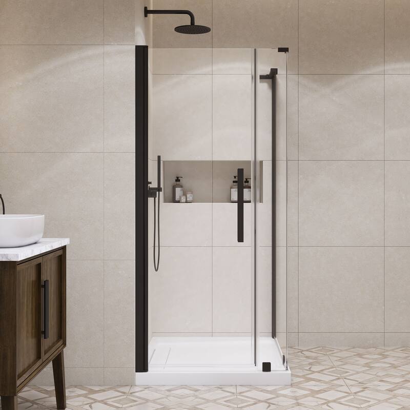 OVE Breeze Pivot Corner Frameless Pivot Shower Door Kit with Base Pan