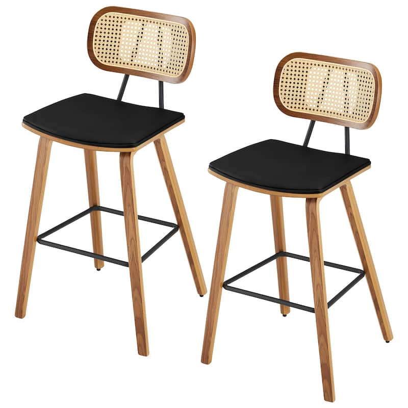26-inch Wood Counter Height Bar Stools with Rattan Back - Set of 2 - Black PU-natural frame