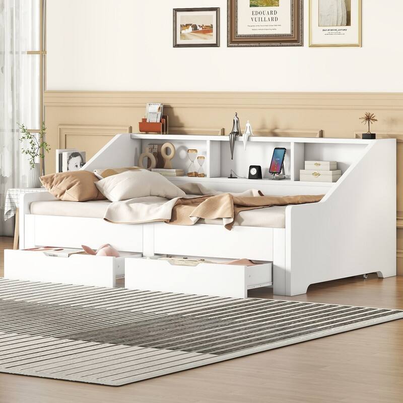 Twin to King Size Daybed Frame with Storage Bookcases and Two Drawers,Charging Design - White