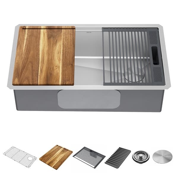 slide 2 of 11, Delta Lorelai 32� Workstation Kitchen Sink Undermount 16 Gauge Stainless Steel