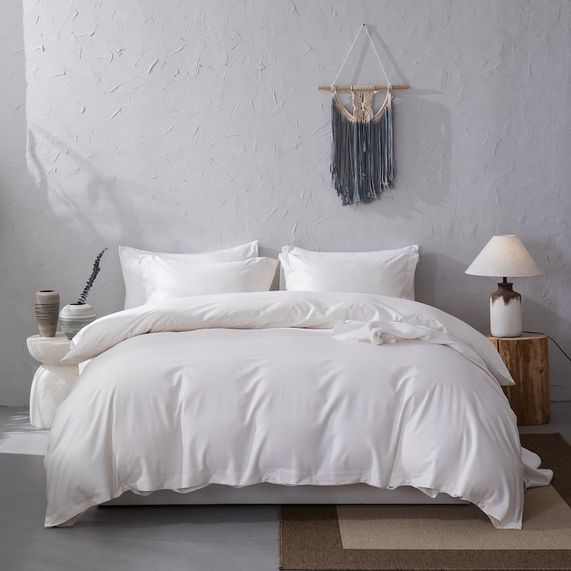 WHOLINENS Long Staple Cotton Sateen 400 TC Duvet Cover Set, Solid Color - Ivory - Twin - 2 Piece