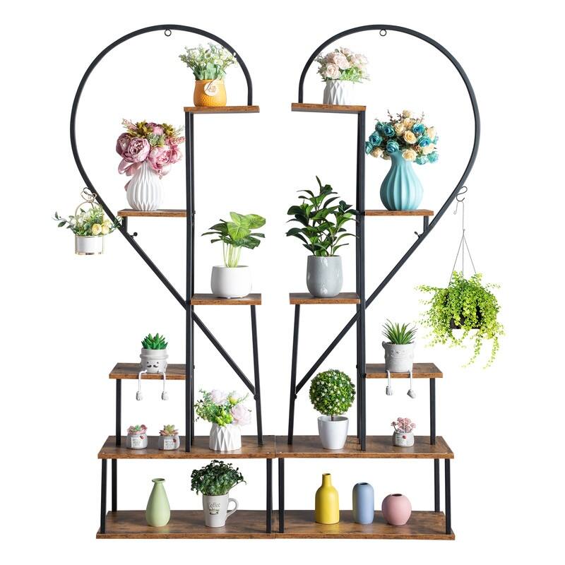 6 Layers Half Heart Iron Wood Plant Stand Flower Pot Stand