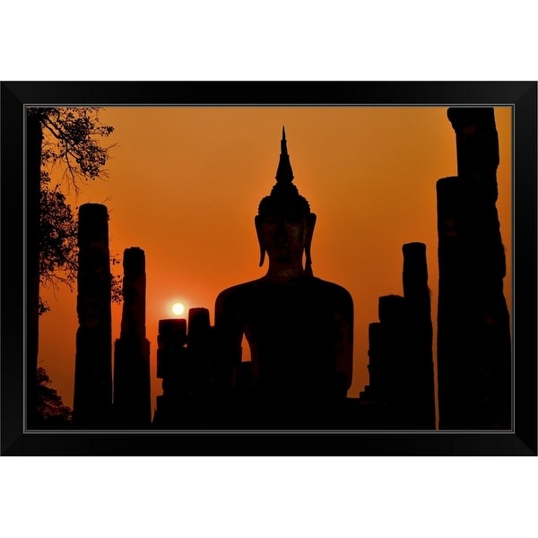"Silhouette Of Ancient Buddha Statue Sitting In Middle Of Ruined Temple" Black Framed Print