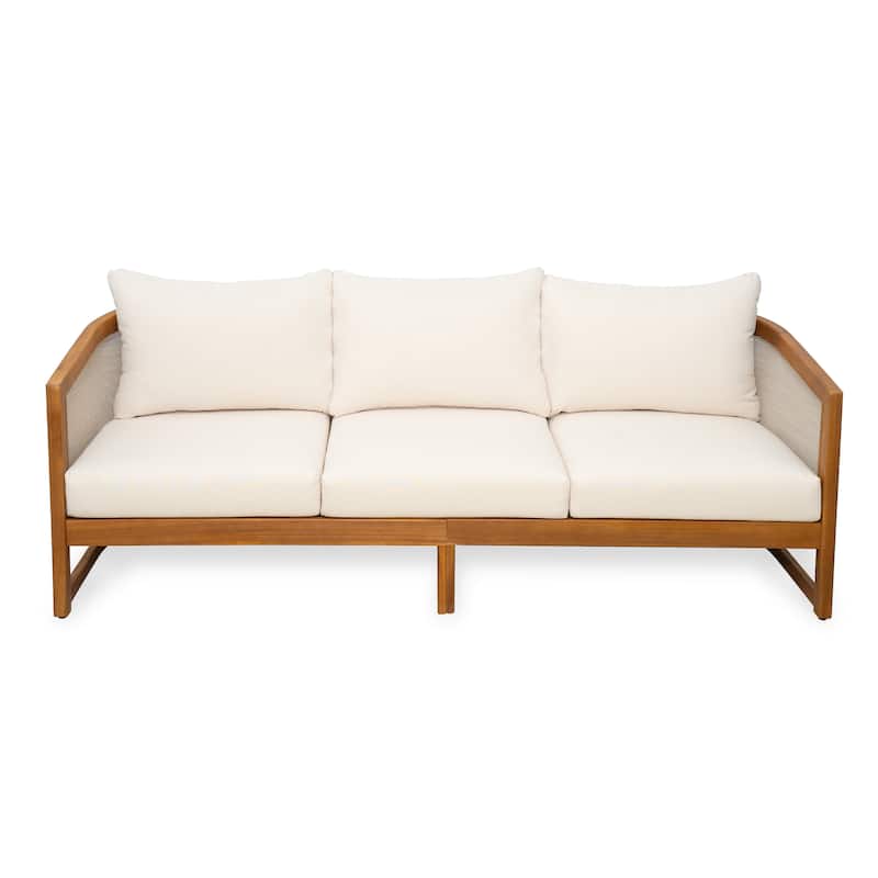 Christopher Knight Home - Liora Outdoor Acacia Wood 3 Seater Sofa - 1 Piece - Teak Finish+Beige Cushion+Fawn Textilene