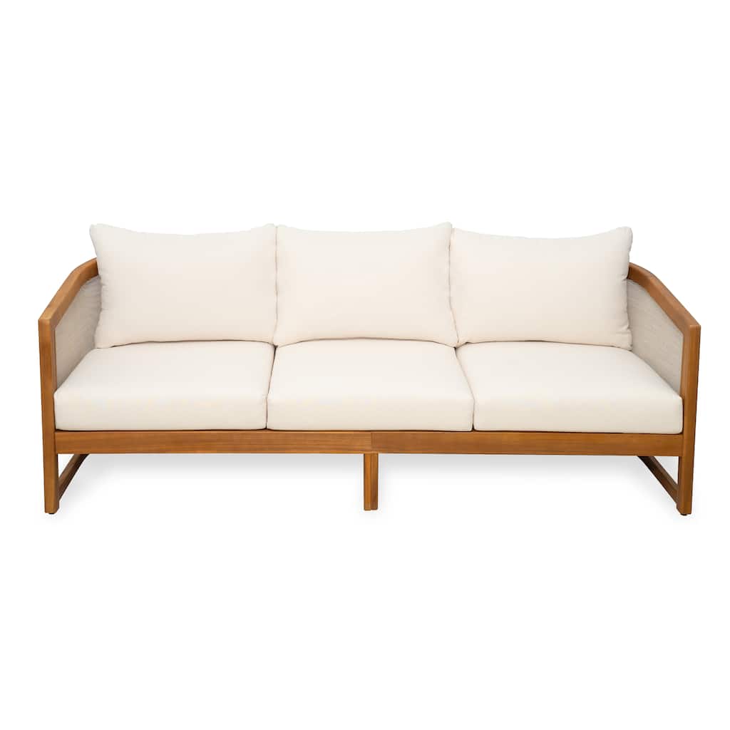 Roomfitters Outdoor Acacia Wood 3 Seater Sofa with Cushions, Patio Lounge Furniture, Beige