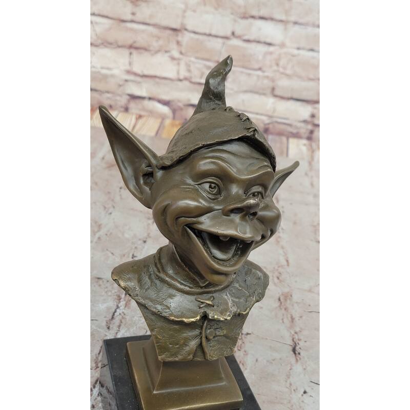 Whimsical Bronze Goblin Bust – Playful Fantasy Sculpture On Marble Base