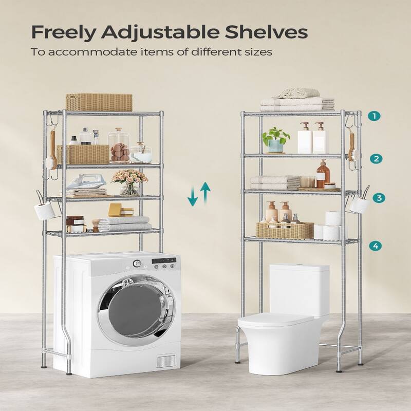 4-Tier Freestanding Metal Over-the-Toilet Storage Rack with 4 Adjustable Shelves and 4 Convenient Hoooks