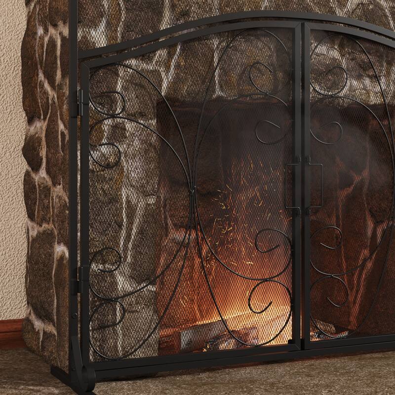 Classic Black Wrought Iron Fireplace Screen with Arched Double Doors, Decorative Mesh Fire Guard for Indoor Home Hearth Safety