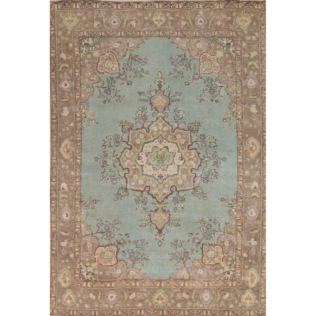 Aqua Blue Tabriz Persian Area Rug Hand-Knotted Wool Carpet - 6'9"x 9'6"