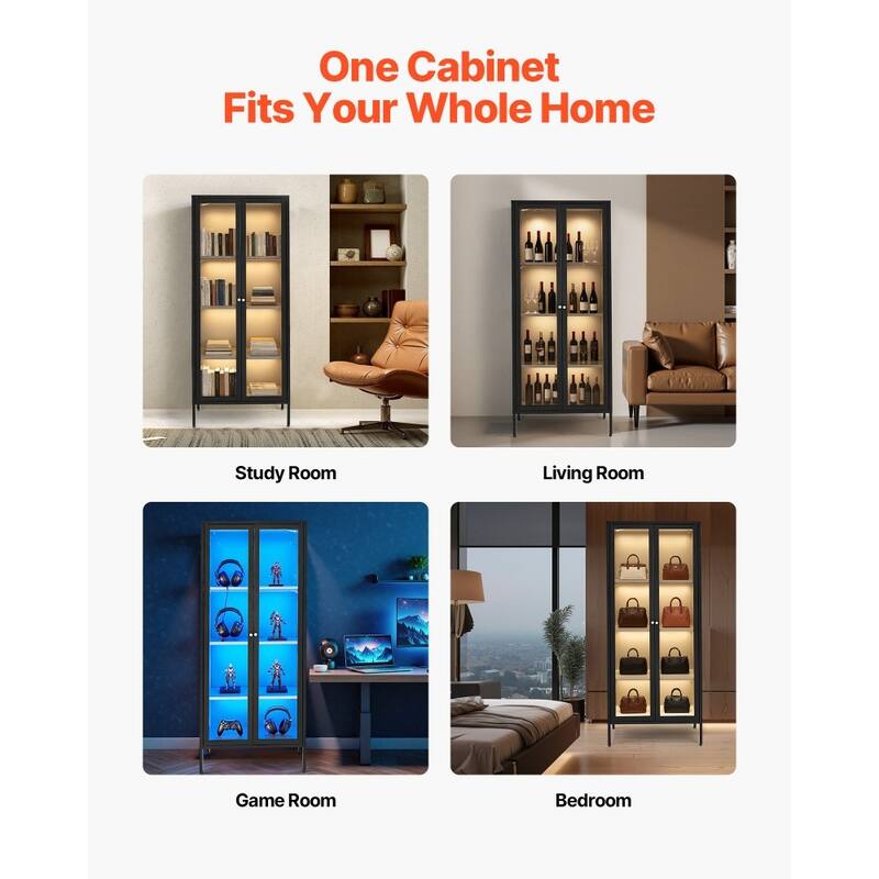 4-Tier Curio Cabinet with Tempered Glass Doors and Adjustable LED Lights and Sturdy Steel Frame - 27.99” × 14” × 66”