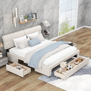 King Size Linen Upholstered Platform Bed Modern Wood Slatted Frame Storage Bed with Headboard and Four Trundle Drawers