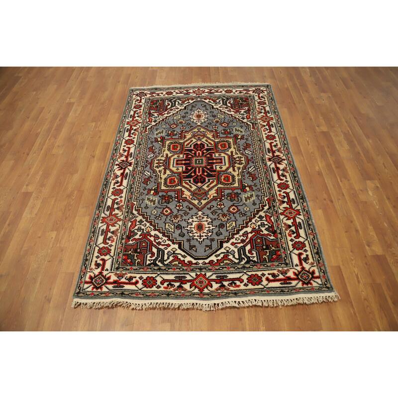 Hand Knotted Oriental 100% Wool Carpet Traditional Medallion Greys & Charcoal Heriz (serapi) Area Rug - 6' 1'' X 4' 1''