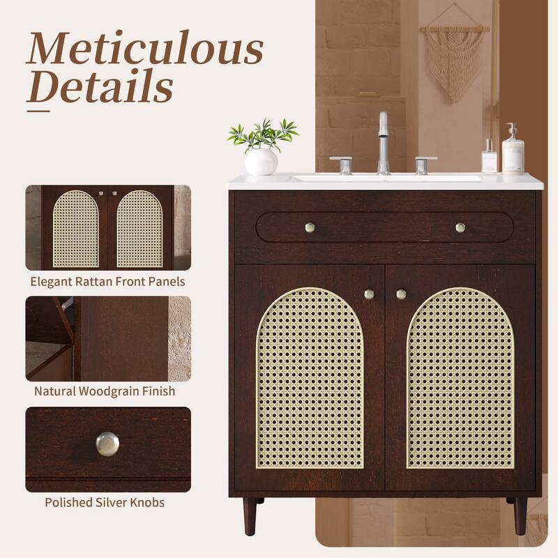 Woven Rattan Bathroom Vanity / Single Ceramic Sink Bathroom Cabinet
