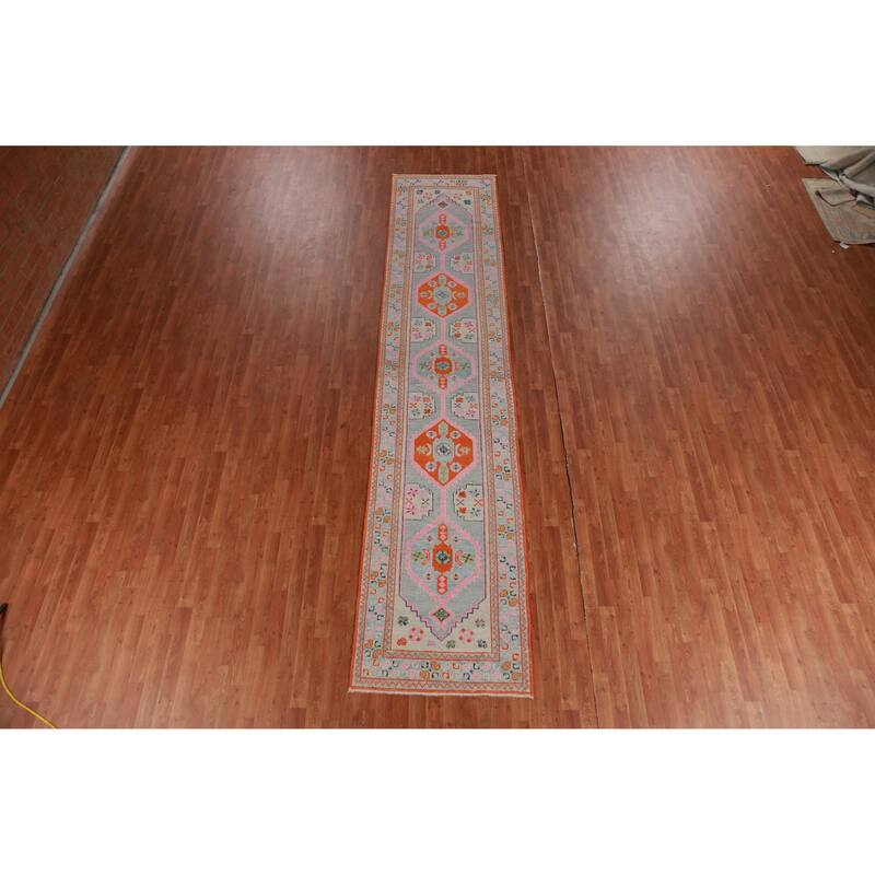 Hand Knotted Oriental 100% Wool Carpet Transitional Geometric Navy Blue & Blues Oushak Runner Rug - 14' 4'' X 3' 1''