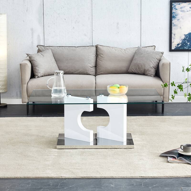 Roomfitters Rectangular Coffee Table with Glass Top and White MDF Legs, Stylish Modern Table for Living Room