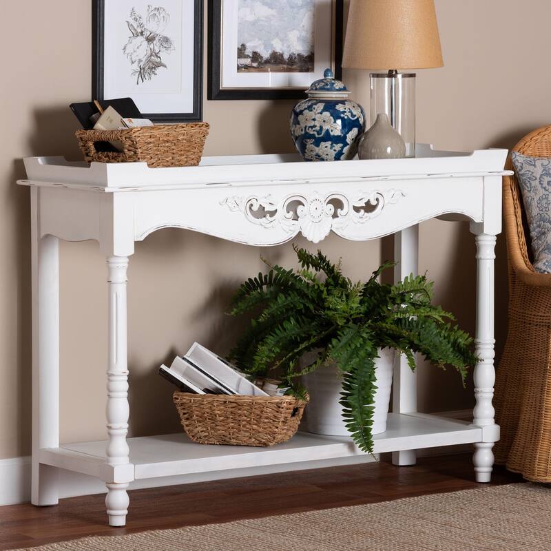 Rafferty Distressed Console Table - Vintage White Accent Table with Ornate Carved Apron and Shelf, Classic Entryway Table