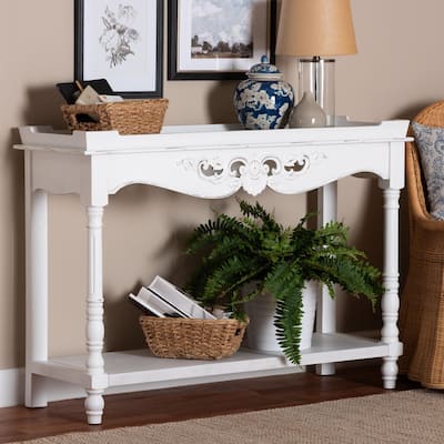 Rafferty Distressed Console Table - Vintage White Accent Table with Ornate Carved Apron and Shelf, Classic Entryway Table