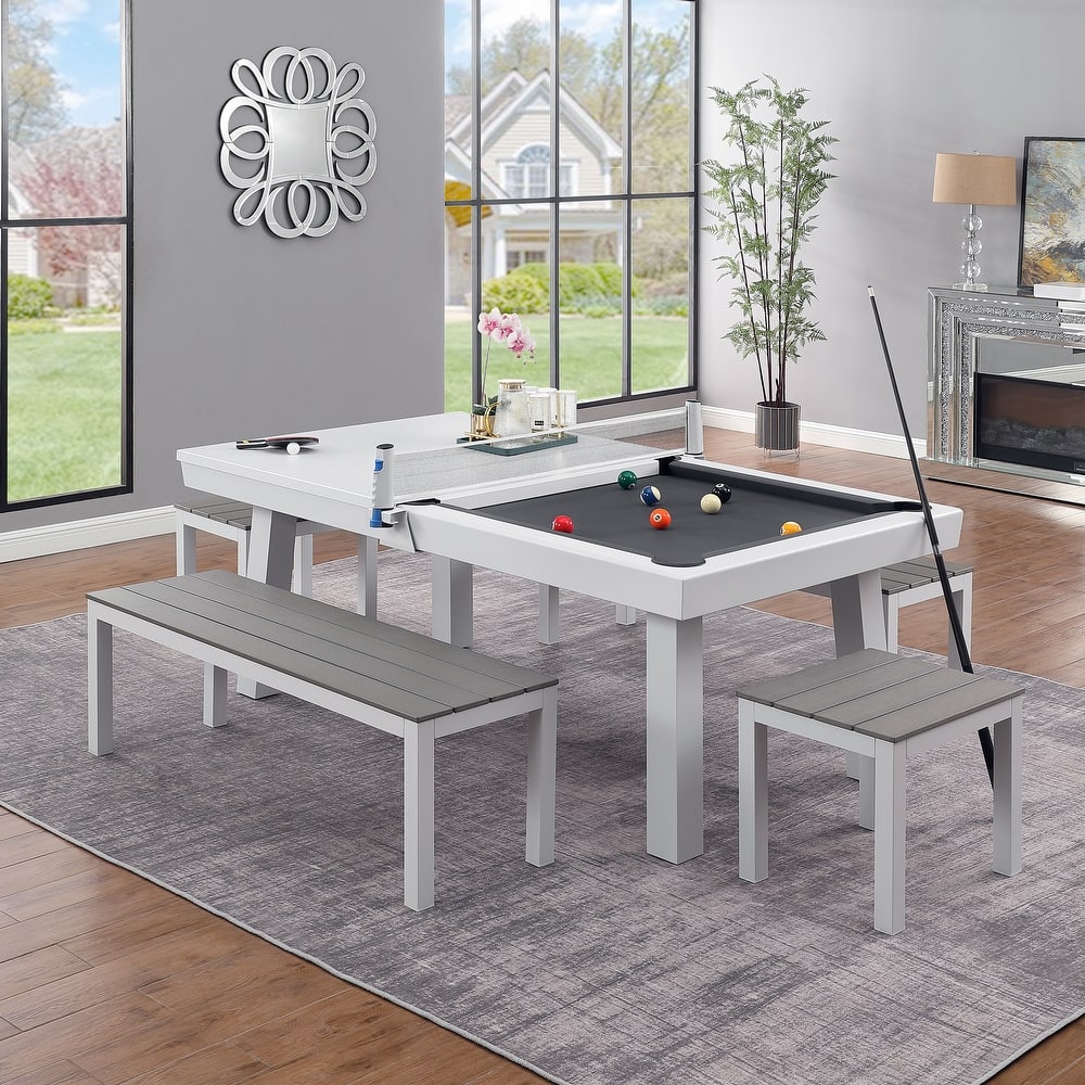 Laguna Indoor/Outdoor 7ft Slate Pool Table 6-Seater Dining Set with 4 Benches & Accessories, White Finish