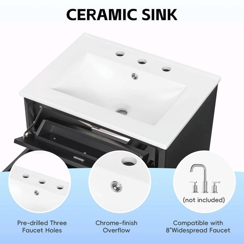 24" Bathroom Vanity with Sink, Freestanding Vanity Cabinet with Flip-Out Drawer, 3 Drawers, Ceramic Top