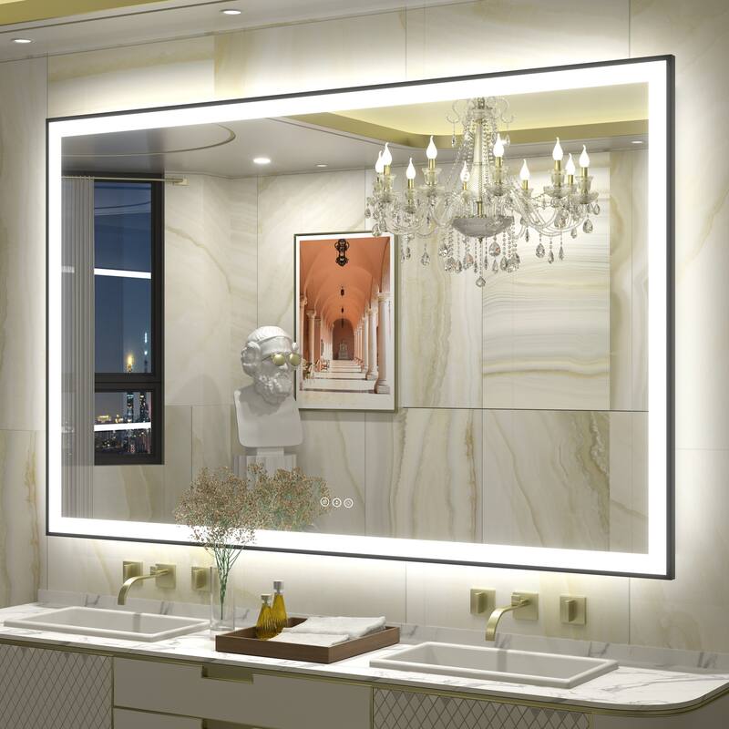 Front & Back LED Anti-Fog Tempered Glass Framed Bathroom/Vanity Mirror 3-Year Warranty - 60" x 40"-Square Corner - Black