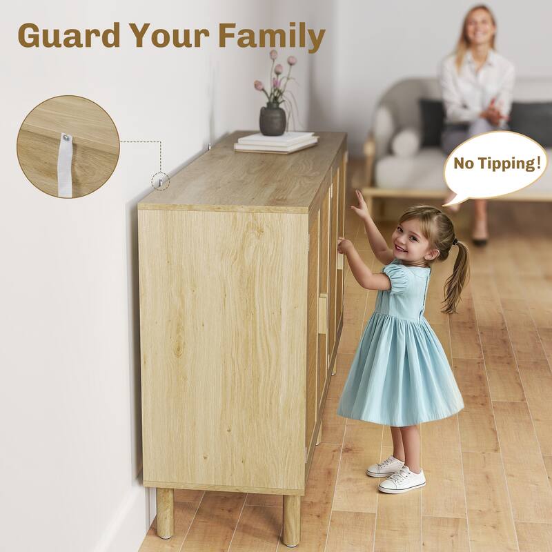 Natural Rattan Sideboard with Double-Tier Cabinets and Pine Legs Storage Console for Living Room Hallway