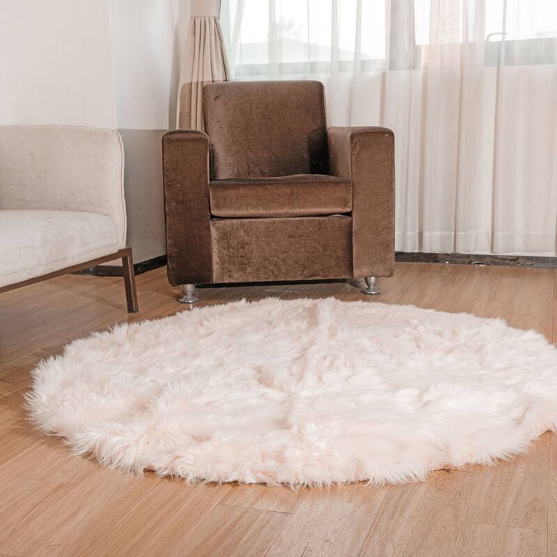 Silver Orchid Parrott Faux Fur Sheepskin Area Rug - 5' Round - Light Pink