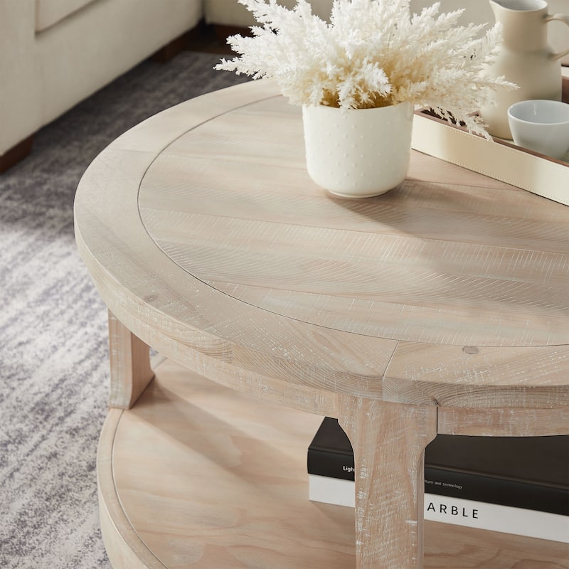 Traditional Coffee Table 2 Tier Round Wooden Center Table with Wheels