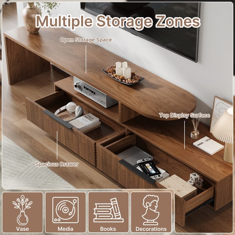 71" Mid-Century Walnut Finish TV Stand - Slatted Drawers, Open Shelves, 2-Tier Media Console