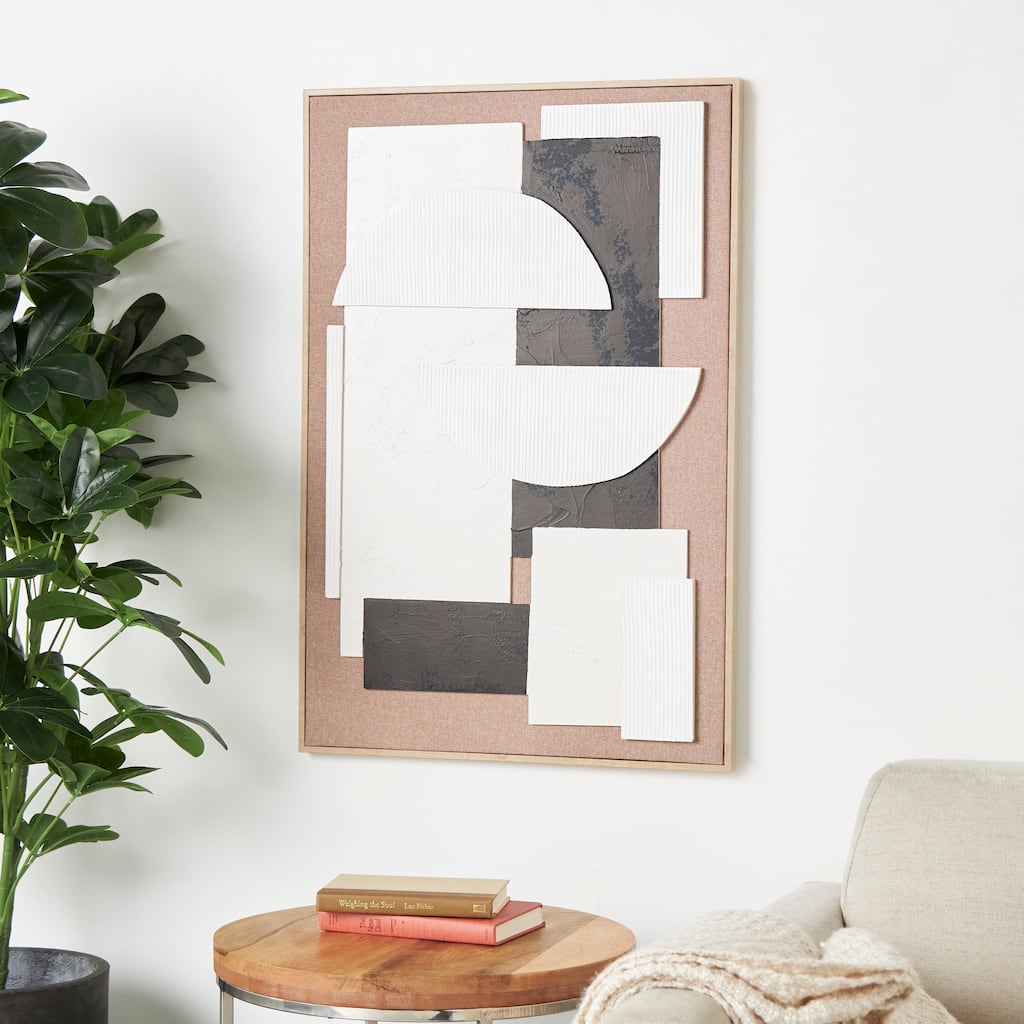 Brown Wooden Textured Geometric Framed Wall Art with Abstract Black and White Shapes and Fabric Backing