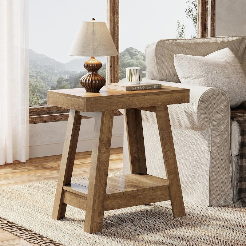2-Tier Wooden End Table, Farmhouse Small Sofa Side Table with Storage