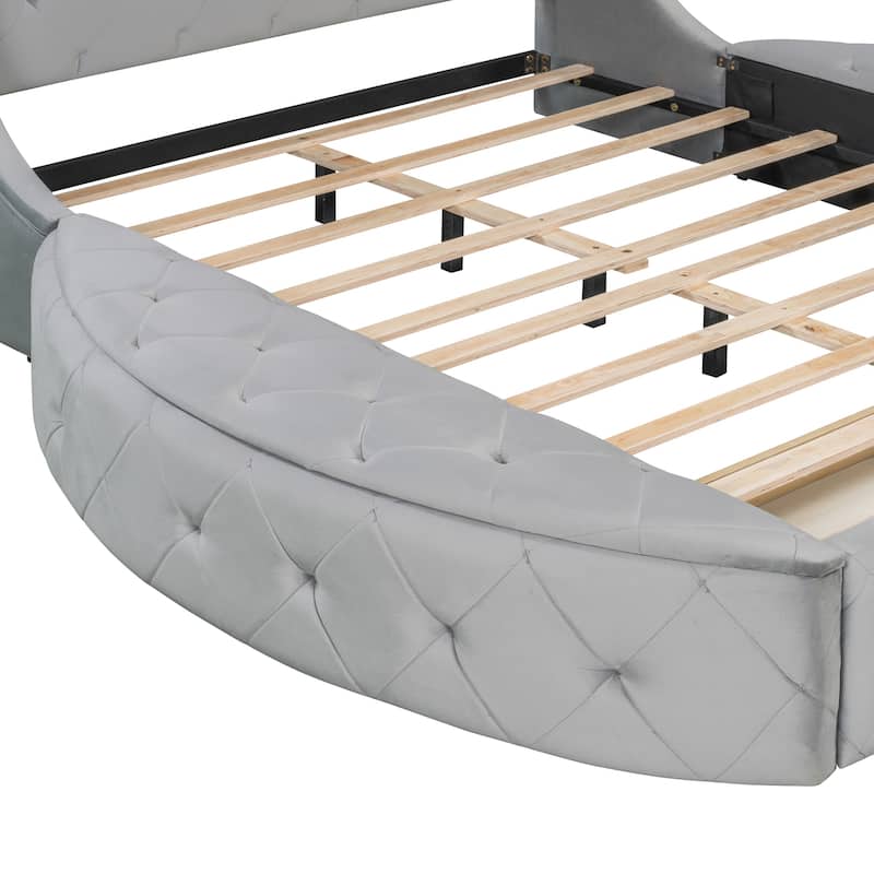 Low Profile Bed Queen Size Velvet Upholstered Platform Bed with Wingback Headboard, Big Drawer and 2 Semicircle Side Stools