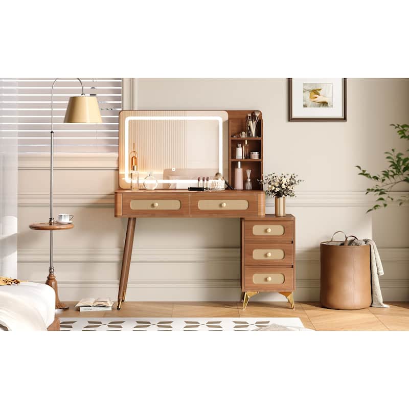 47"Makeup Vanity with Mirror and Lights, Vanity Desk with 5 Drawers and Storage Shelf, 3 Color Modes and Adjustable Brightness