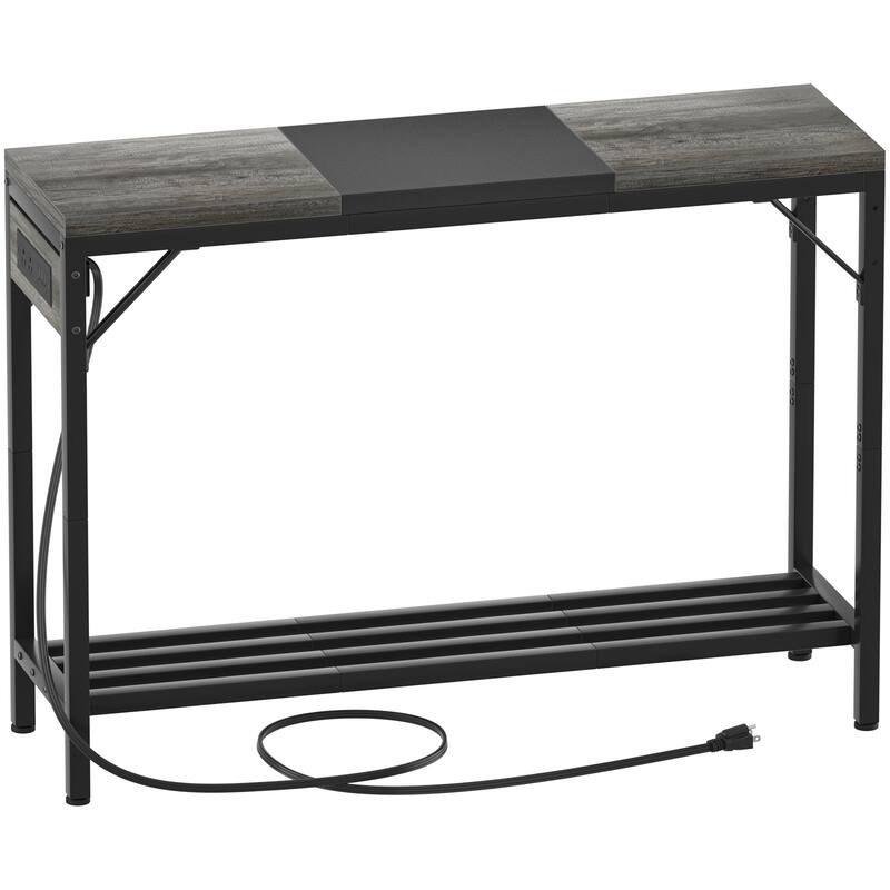 Console Table with Charge Station, Sofa Table with Storage Shelves for Living Room - Grey Oak