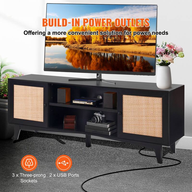 Rattan TV Stand for 75 Inch TV Mid Century Modern Cabinet with Storage - 17.4x17.4x13.8in