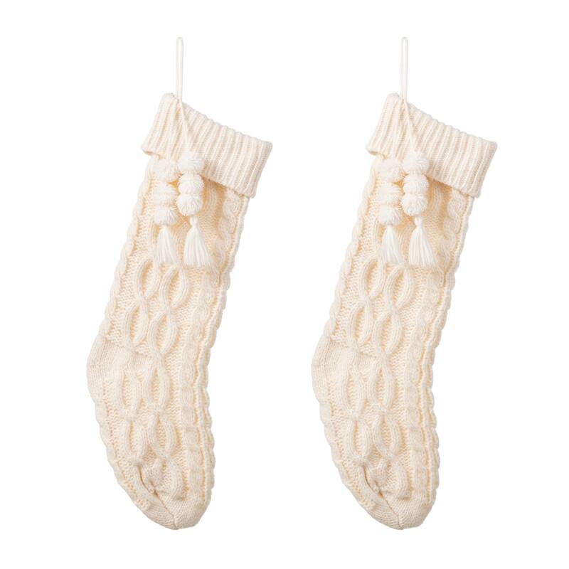 Glitzhome 22"L Knitted Christmas Stocking with Pompon Tassel or Gingerbread Man Ornament - 2PK White