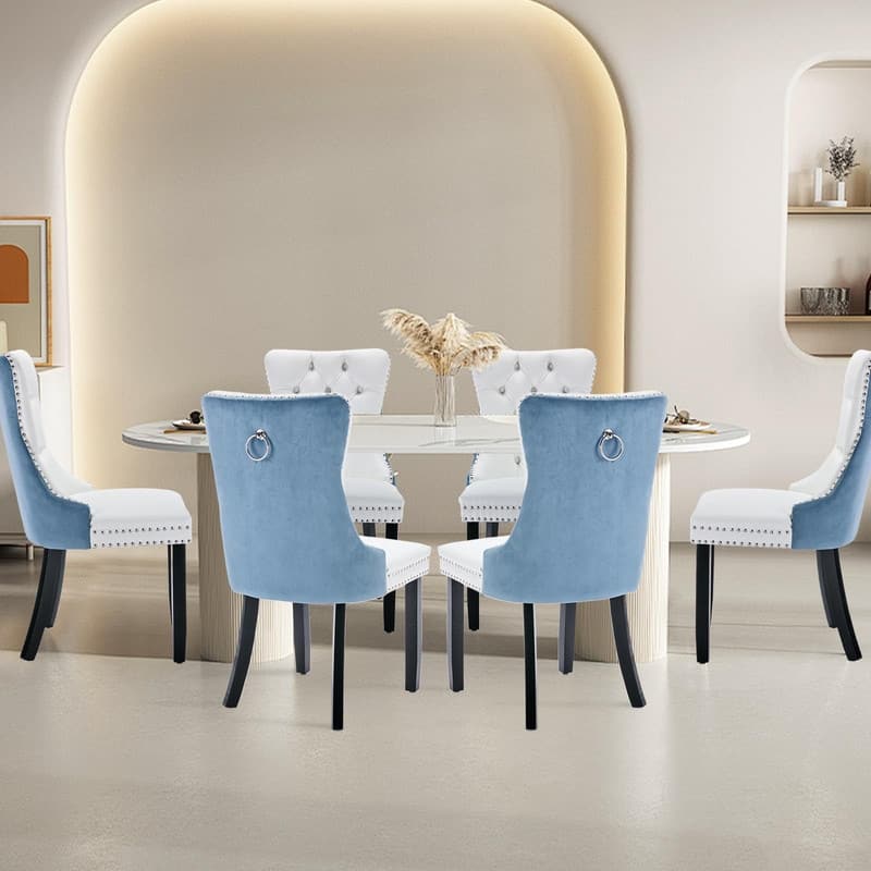 Tufted Naliheads Solid Wood Upholstered Dining Chairs Set of 6 - WhiteBlue BlackLegs