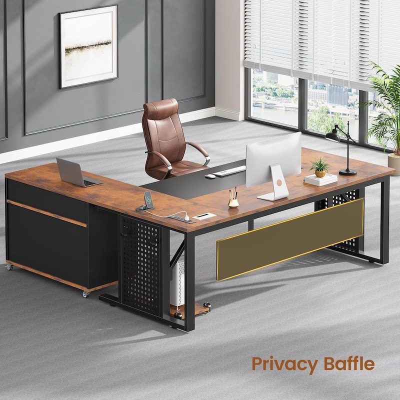 71" Executive Desk File Cabinet L Shaped Computer Desk Shelves