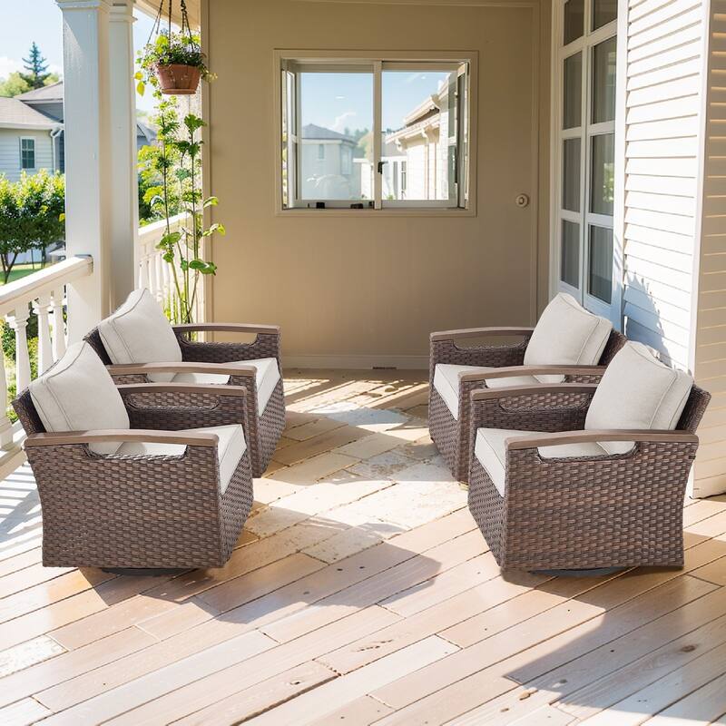 Pocassy Outdoor Patio Sofa Chair Ottoman Table Furniture Set - Beige Cushion - Swivel Chairs Set of 4