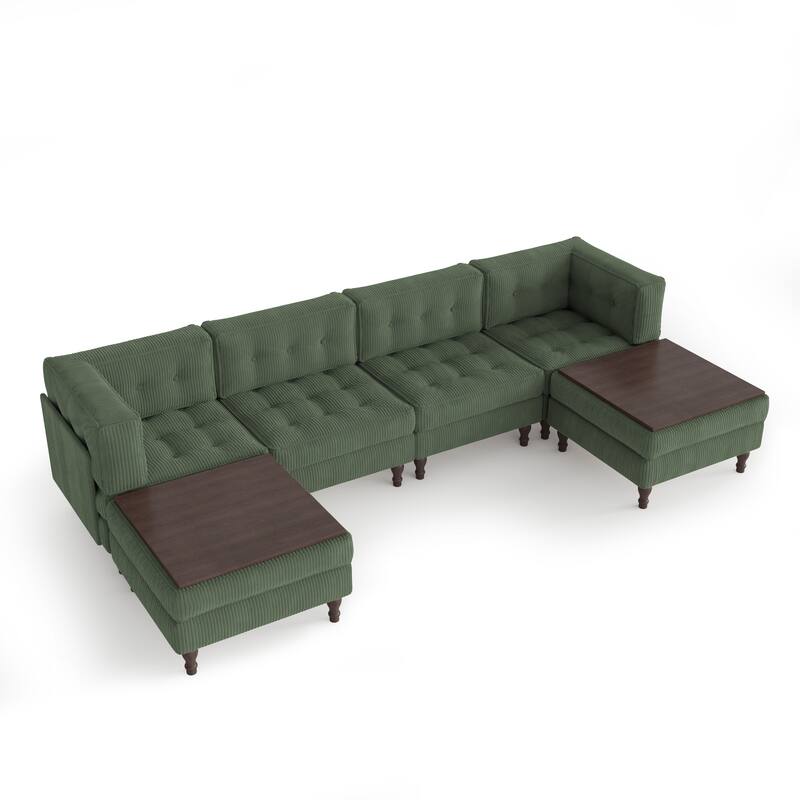 130"W Corduroy Upholstered Modular Sectional Sofa with Storage Ottoman