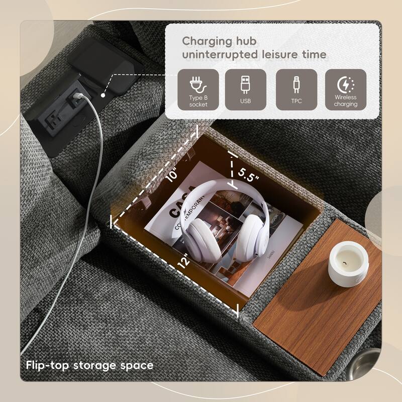 Roomfitters 136'' Modular U-Shaped Sectional Sofa with Console, Cup Holder, USB, Storage Ottoman, Chenille