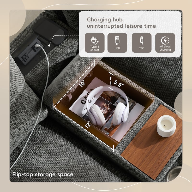 U-Shaped Pull-line Tufted Modular Design Chenille Sectional Sofa with Console, Cup Holder, USB Charger, Movable Storage Ottoman