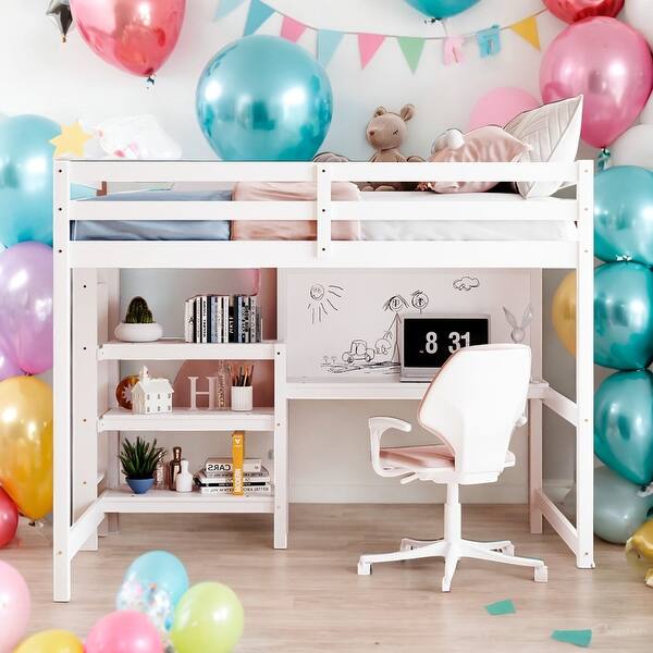 slide 2 of 25, Full Size Wooden Loft Bed With Shelves,Desk and Writing Board,Solid Construction White