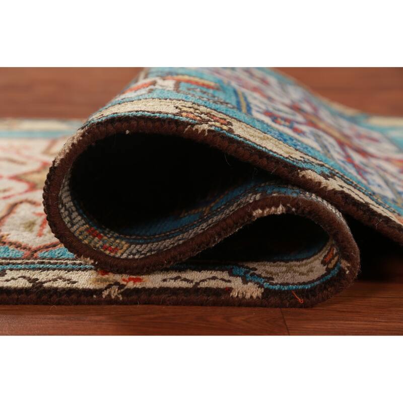 Hand Knotted Oriental 100% Wool Carpet Traditional Geometric Navy Blue & Blues Kazak Runner Rug - 8' 1'' X 2' 7''