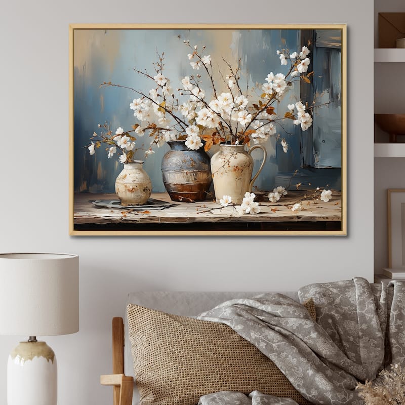 Designart "Pottery And Flowers Still Life I" Landscape Trees Framed Canvas Art Print - 40 in. wide x 30 in. high - Brown