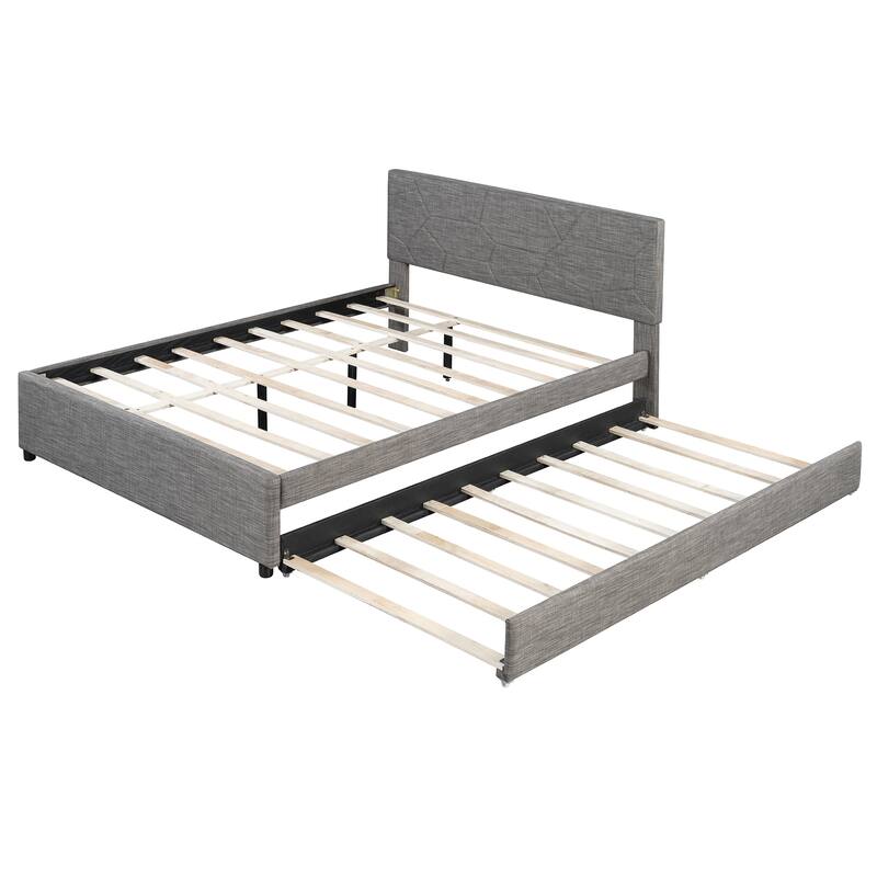 Roomfitters Queen Size Upholstered Platform Bed Frame with Twin XL Trundle and Geometric Patterned Headboard