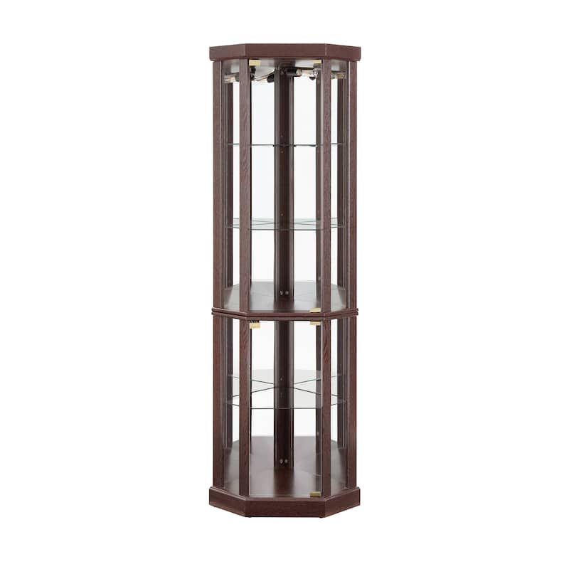 Lighted Curio Cabinet with Mirrored Back Pane, Wooden Corner Glass Cabinet, China Cabinet with Glass Door & Adjustable Shelves