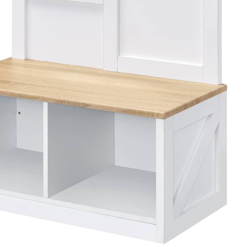 Modern Hall Tree with Full-Length Mirror, Bench, and Open Storage in Light Oak & White Finish