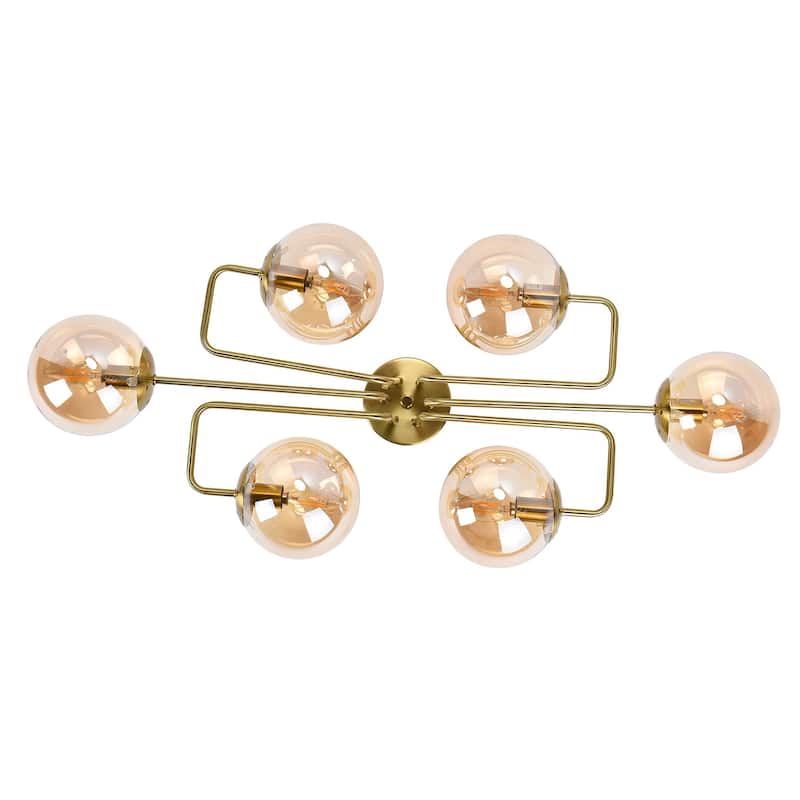 Mid - Century Modern 4 - Light Chandelier, Brass Frame with Amber - Tinted Glass Globes